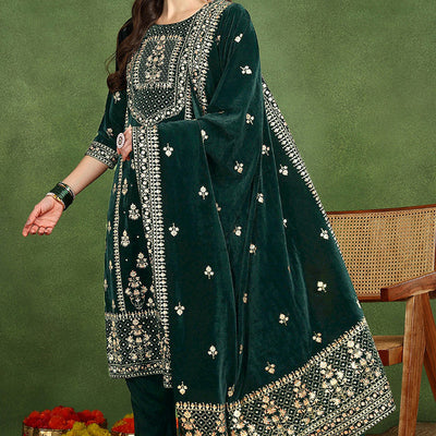 Green Velvet Ethnic Motifs Printed Straight Suit Set PKSKD2772