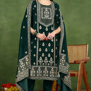 Green Velvet Ethnic Motifs Printed Straight Suit Set PKSKD2772