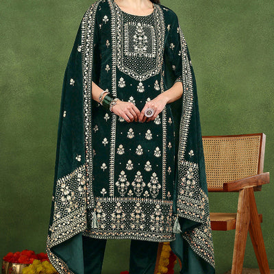 Green Velvet Ethnic Motifs Printed Straight Suit Set PKSKD2772
