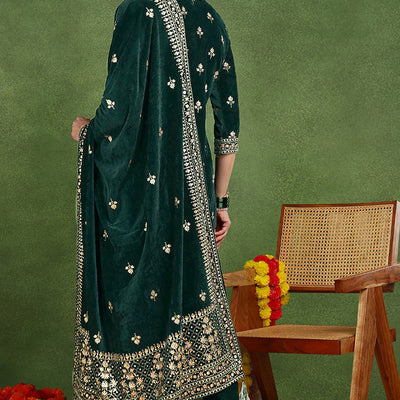 Green Velvet Ethnic Motifs Printed Straight Suit Set PKSKD2772