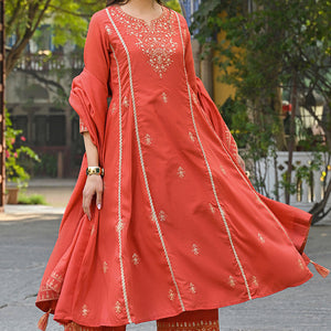 Orange Silk Blend Solid Embroidered Anarkali Suit Set PKSKD2858