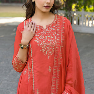 Orange Silk Blend Solid Embroidered Anarkali Suit Set PKSKD2858