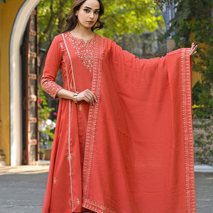 Orange Silk Blend Solid Embroidered Anarkali Suit Set PKSKD2858