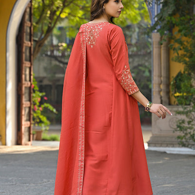 Orange Silk Blend Solid Embroidered Anarkali Suit Set PKSKD2858