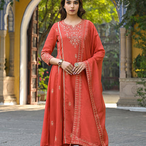 Orange Silk Blend Solid Embroidered Anarkali Suit Set PKSKD2858