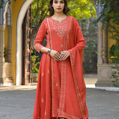 Orange Silk Blend Solid Embroidered Anarkali Suit Set PKSKD2858