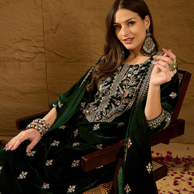 Green Velvet Ethnic Motifs Printed Straight Trousers Suit Set PKSKD2880