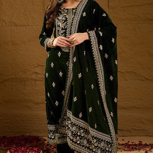 Green Velvet Ethnic Motifs Printed Straight Trousers Suit Set PKSKD2880