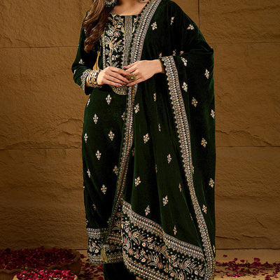 Green Velvet Ethnic Motifs Printed Straight Trousers Suit Set PKSKD2880