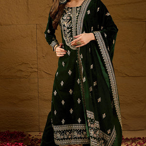 Green Velvet Ethnic Motifs Printed Straight Trousers Suit Set PKSKD2880