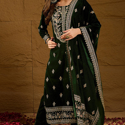Green Velvet Ethnic Motifs Printed Straight Trousers Suit Set PKSKD2880