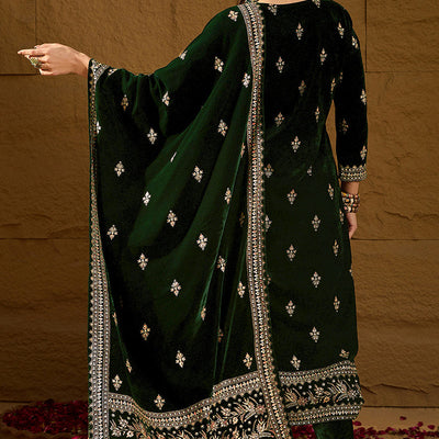 Green Velvet Ethnic Motifs Printed Straight Trousers Suit Set PKSKD2880