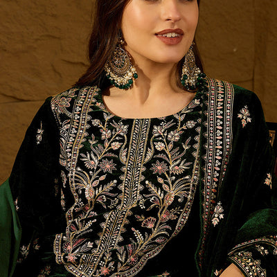 Green Velvet Ethnic Motifs Printed Straight Trousers Suit Set PKSKD2880