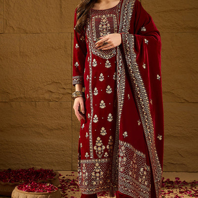 Maroon Velvet Ethnic Motifs Printed Straight Trousers Suit Set PKSKD2881