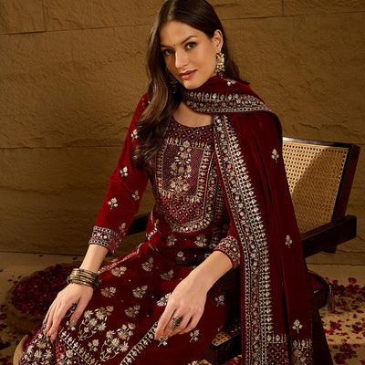 Maroon Velvet Ethnic Motifs Printed Straight Trousers Suit Set PKSKD2881