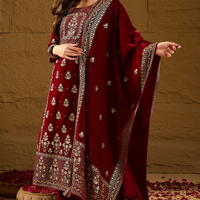 Maroon Velvet Ethnic Motifs Printed Straight Trousers Suit Set PKSKD2881