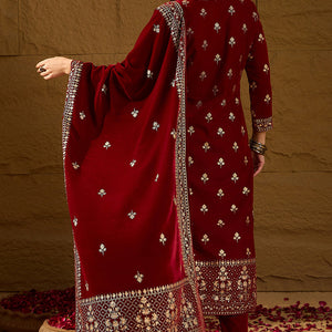 Maroon Velvet Ethnic Motifs Printed Straight Trousers Suit Set PKSKD2881