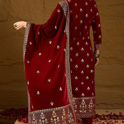 Maroon Velvet Ethnic Motifs Printed Straight Trousers Suit Set PKSKD2881