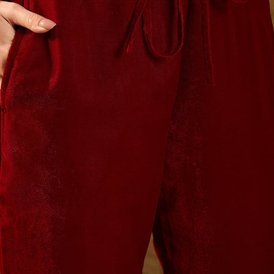 Maroon Velvet Ethnic Motifs Printed Straight Trousers Suit Set PKSKD2881
