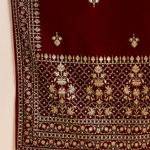 Maroon Velvet Ethnic Motifs Printed Straight Trousers Suit Set PKSKD2881