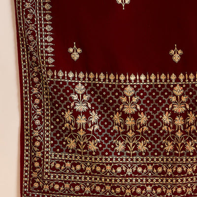 Maroon Velvet Ethnic Motifs Printed Straight Trousers Suit Set PKSKD2881
