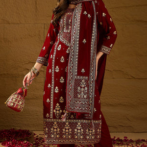Maroon Velvet Ethnic Motifs Printed Straight Trousers Suit Set PKSKD2881