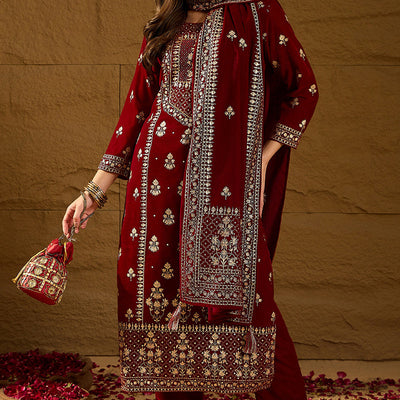 Maroon Velvet Ethnic Motifs Printed Straight Trousers Suit Set PKSKD2881