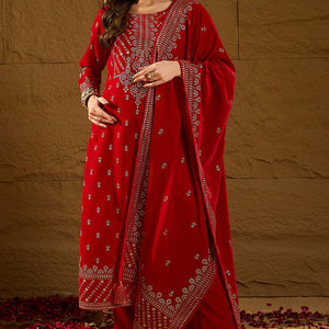 Red Velvet Ethnic Motifs Printed Straight Trousers Suit Set PKSKD2882