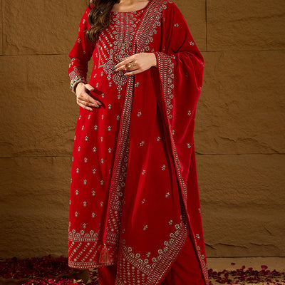 Red Velvet Ethnic Motifs Printed Straight Trousers Suit Set PKSKD2882