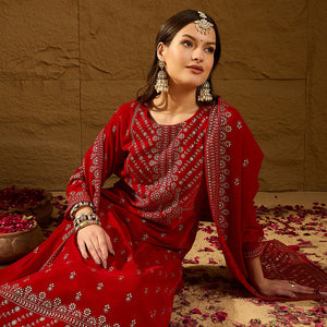 Red Velvet Ethnic Motifs Printed Straight Trousers Suit Set PKSKD2882