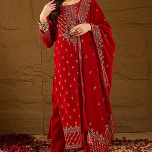 Red Velvet Ethnic Motifs Printed Straight Trousers Suit Set PKSKD2882
