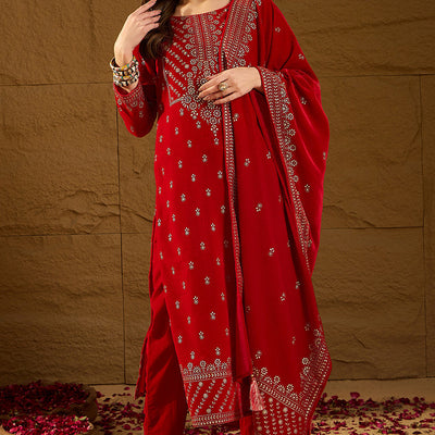 Red Velvet Ethnic Motifs Printed Straight Trousers Suit Set PKSKD2882