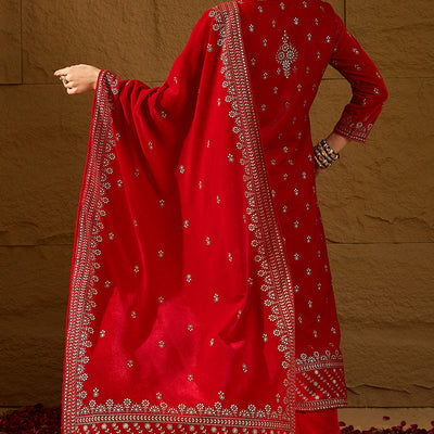 Red Velvet Ethnic Motifs Printed Straight Trousers Suit Set PKSKD2882