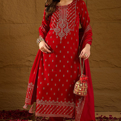Red Velvet Ethnic Motifs Printed Straight Trousers Suit Set PKSKD2882
