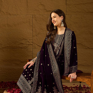 Purple Velvet Ethnic Motifs Printed Straight Trousers Suit Set PKSKD2883