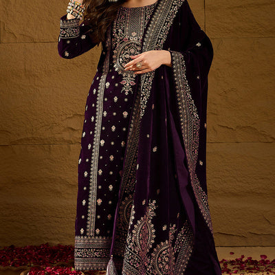 Purple Velvet Ethnic Motifs Printed Straight Trousers Suit Set PKSKD2883