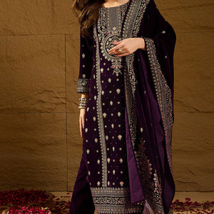 Purple Velvet Ethnic Motifs Printed Straight Trousers Suit Set PKSKD2883