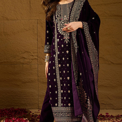 Purple Velvet Ethnic Motifs Printed Straight Trousers Suit Set PKSKD2883