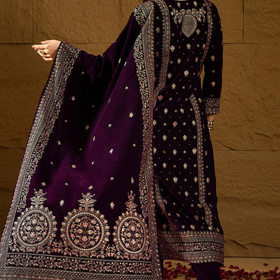 Purple Velvet Ethnic Motifs Printed Straight Trousers Suit Set PKSKD2883