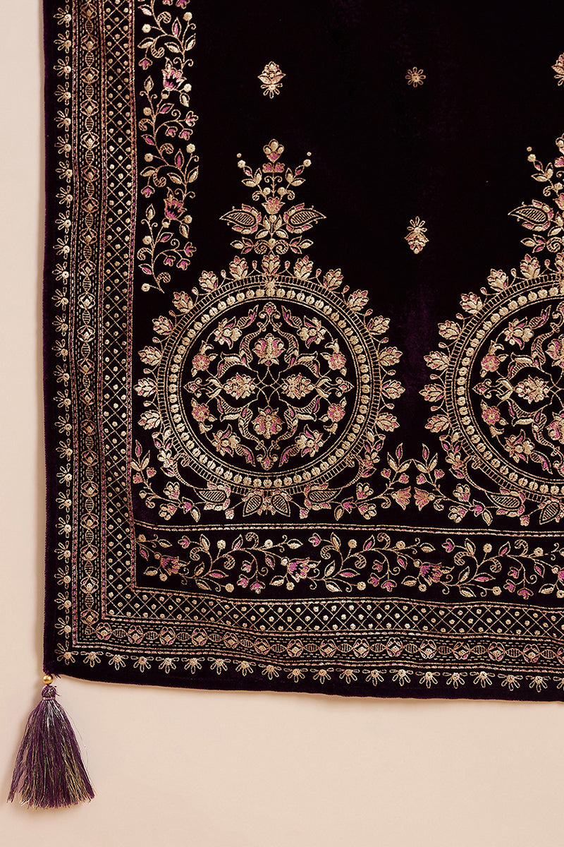 Purple Velvet Ethnic Motifs Printed Straight Trousers Suit Set PKSKD2883