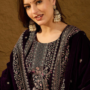 Purple Velvet Ethnic Motifs Printed Straight Trousers Suit Set PKSKD2883