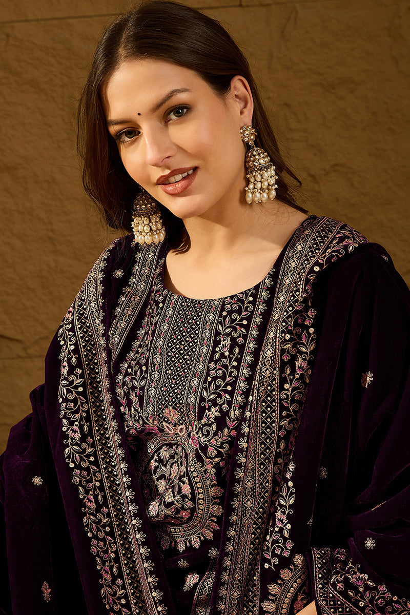 Purple Velvet Ethnic Motifs Printed Straight Trousers Suit Set PKSKD2883