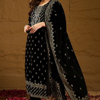 Black Velvet Ethnic Motifs Printed Straight Trousers Suit Set PKSKD2922