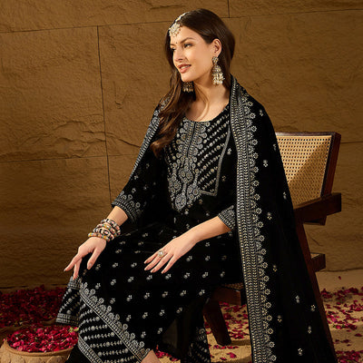 Black Velvet Ethnic Motifs Printed Straight Trousers Suit Set PKSKD2922