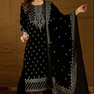 Black Velvet Ethnic Motifs Printed Straight Trousers Suit Set PKSKD2922