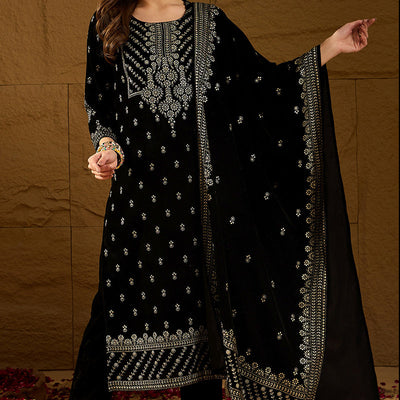 Black Velvet Ethnic Motifs Printed Straight Trousers Suit Set PKSKD2922