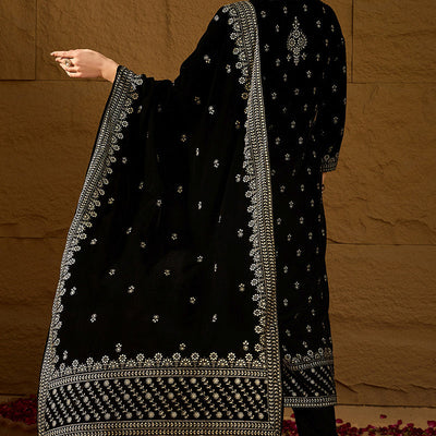 Black Velvet Ethnic Motifs Printed Straight Trousers Suit Set PKSKD2922