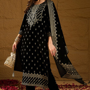 Black Velvet Ethnic Motifs Printed Straight Trousers Suit Set PKSKD2922