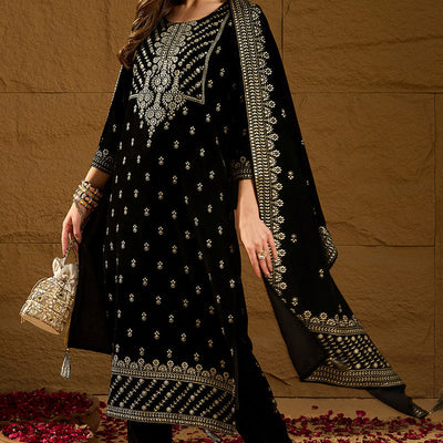 Black Velvet Ethnic Motifs Printed Straight Trousers Suit Set PKSKD2922