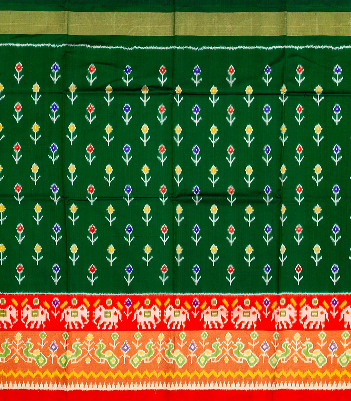 Bottle Green Handloom Silk Pavadai Material With Tie & Dye Motifs -Bottle Green